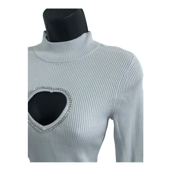 Guess Mia blue ice air heart shaped cz bust cutout mockneck sweater size medium - Picture 4 of 11